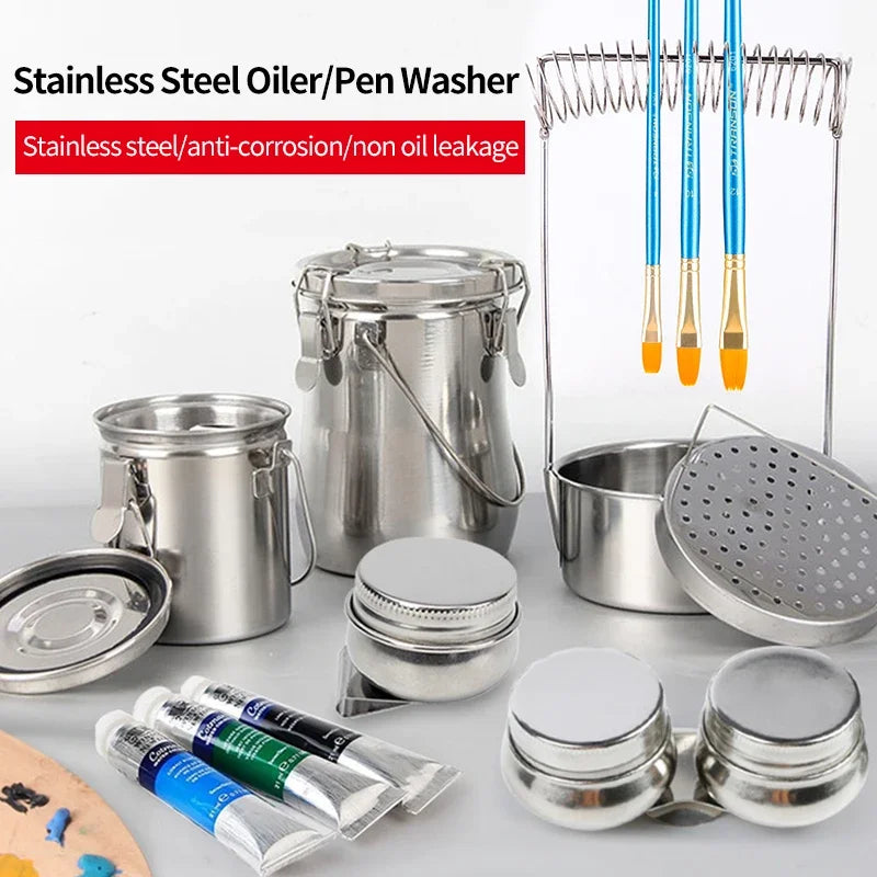 Premium Oil Painting Brush Stainless Steel Washing Bucket – Sealed Portable Pen-Washing & Drying Holder for Artists, Leak-Proof Art Supplies Cleaner