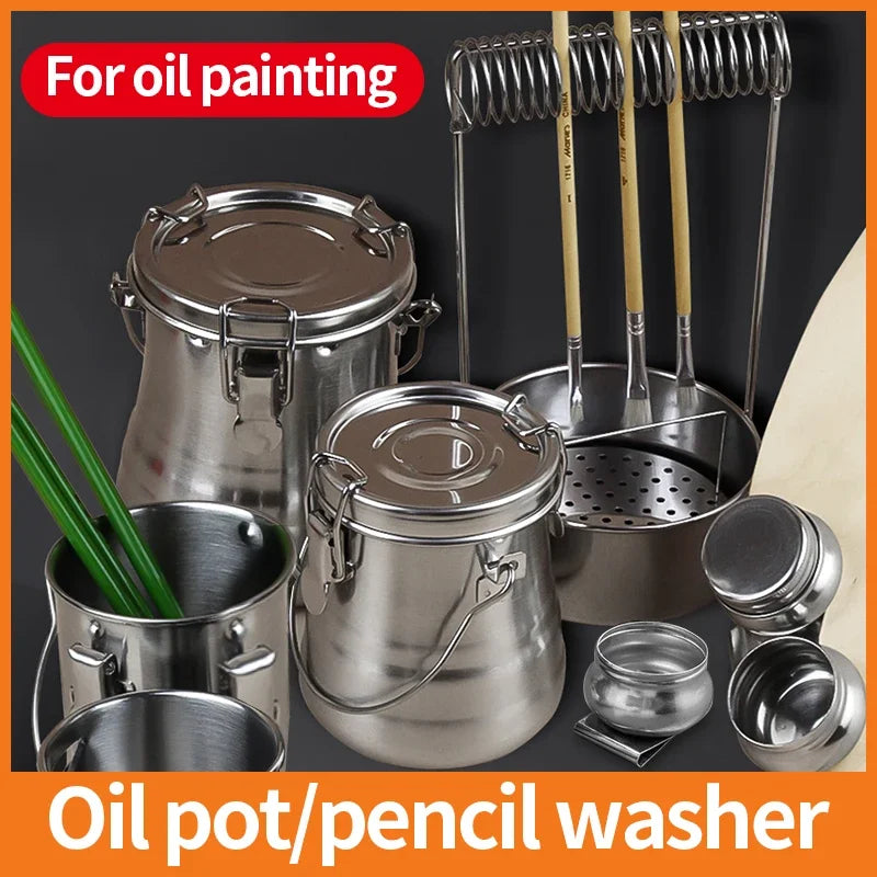 Premium Oil Painting Brush Stainless Steel Washing Bucket – Sealed Portable Pen-Washing & Drying Holder for Artists, Leak-Proof Art Supplies Cleaner