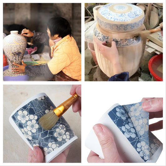 Pottery Underglaze Transfer Paper – Blue and White Floral Decal Sheets for Ceramic and Porcelain Decoration