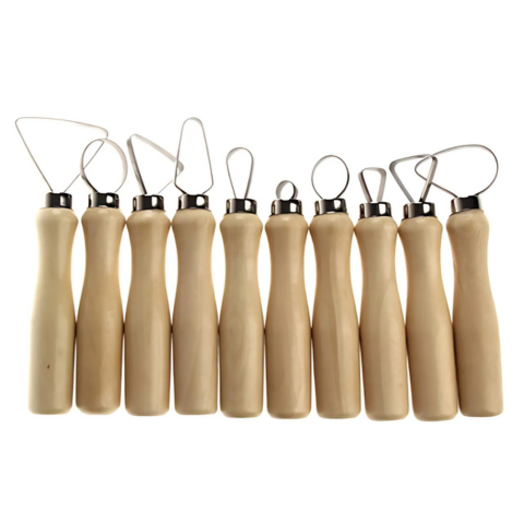 10Pcs Pottery Clay Sculpture Loop Tool Set – Stainless Steel Flat Wire with Wooden Handles for Ceramic Sculpting and Carving
